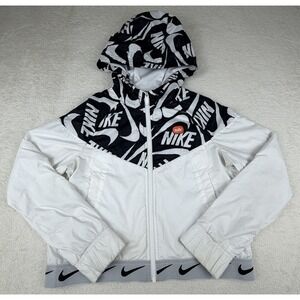 Nike Jacket Youth Large White/Black Windrunner Hooded Crop Swoosh CJ7426-104